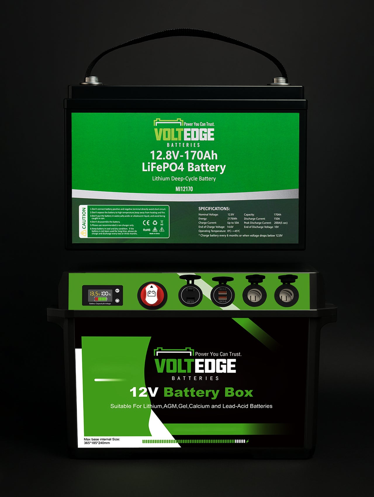 (Premium) 12.8V 170AH Lithium LiFePO4 Battery + Voltedge Battery Box