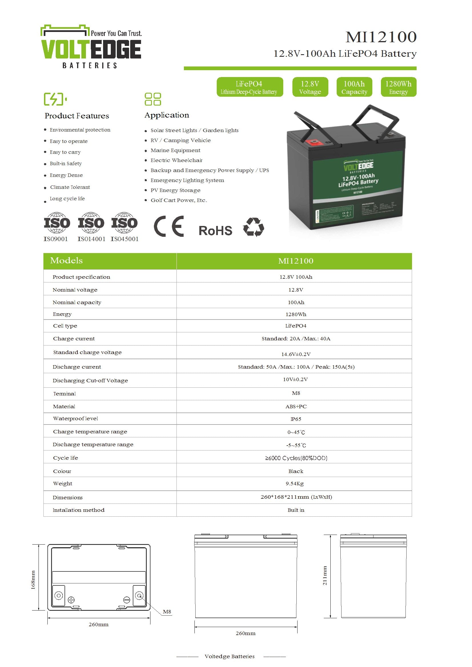 VoltEdge (Lite) 12.8V 100Ah Lithium LiFePO4 Battery