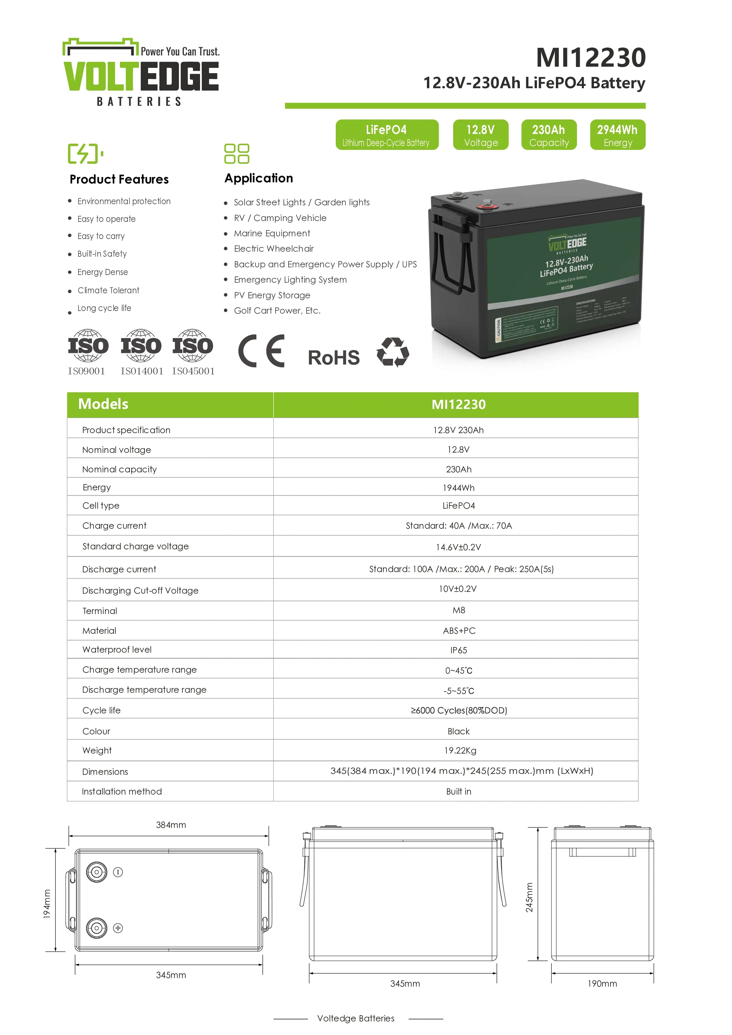 VoltEdge (Lite)  12.8V 230Ah Lithium LiFePO4 Battery