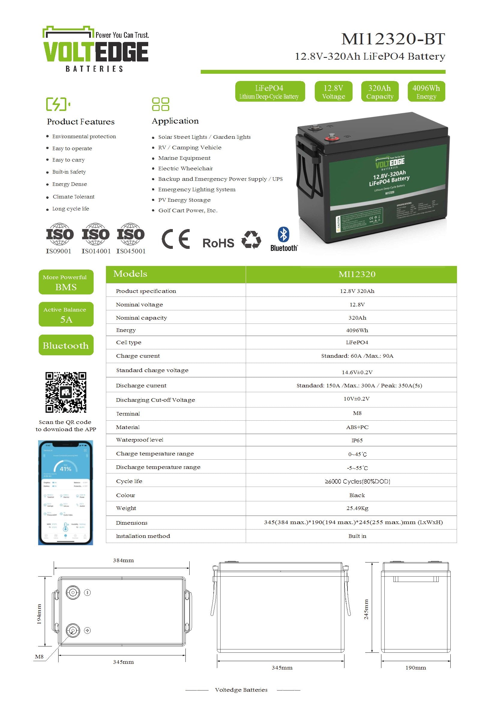 VoltEdge (Premium) 12.8V 320ah Lithium LiFePO4 Battery