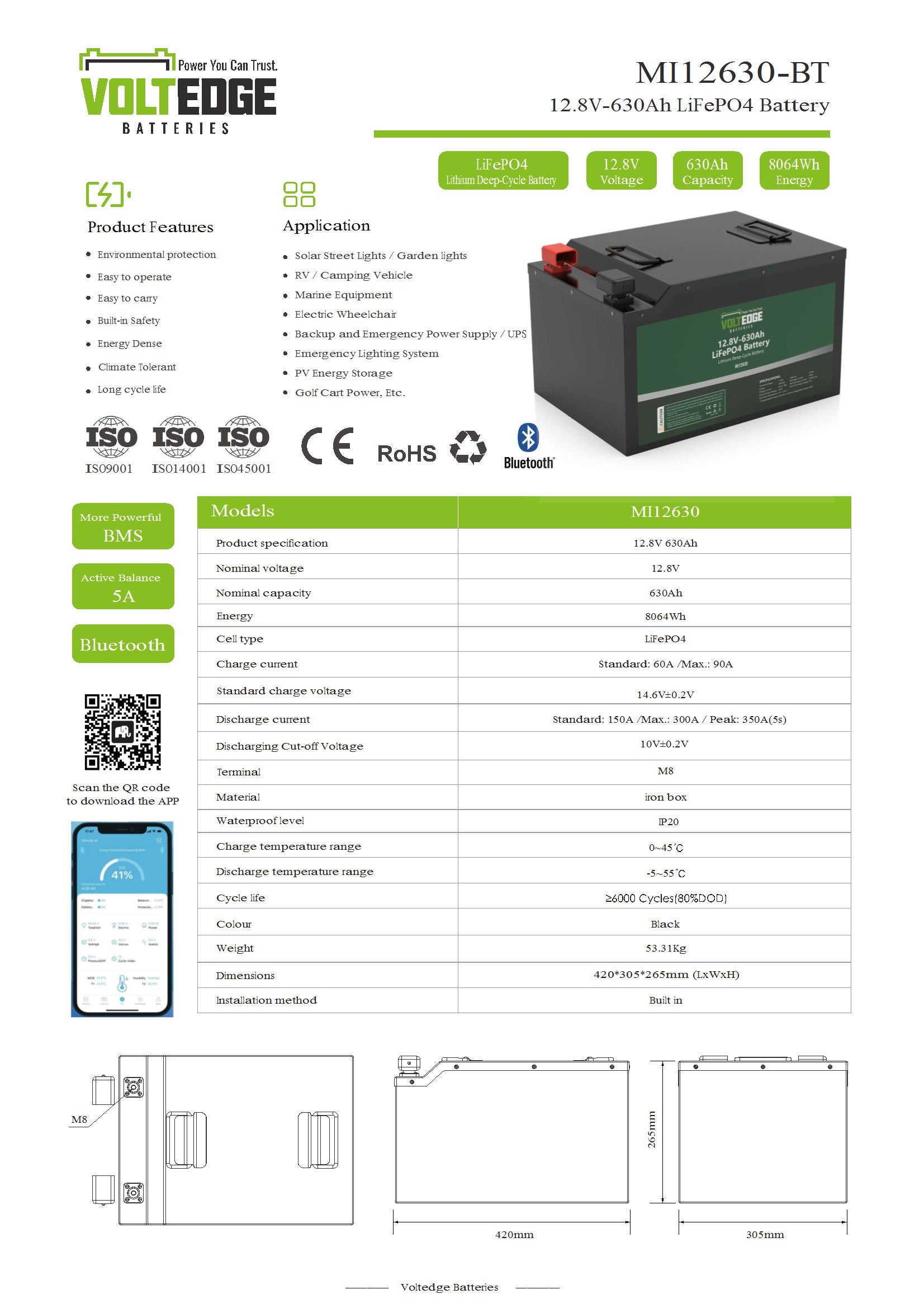 VoltEdge Premium 12.8V 630ah Lithium LiFePO4 Battery