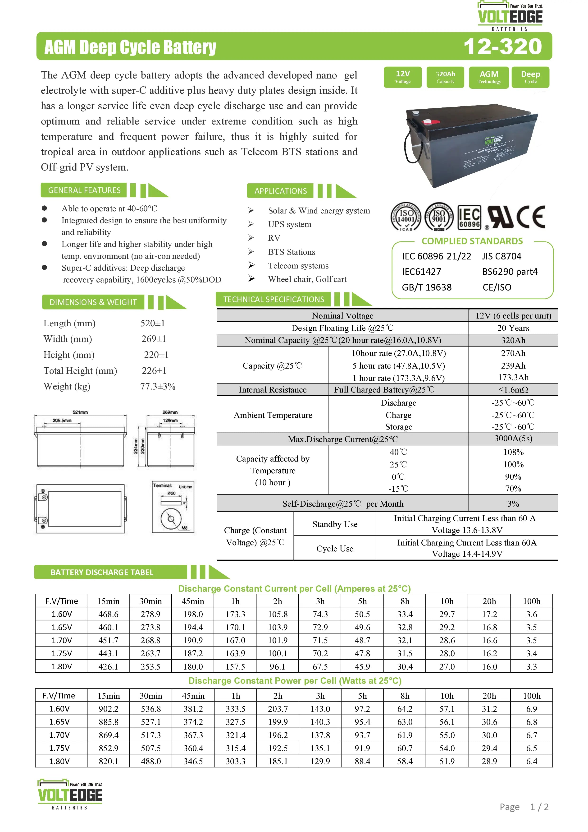 VoltEdge 12V 320Ah AGM DEEP CYCLE BATTERY