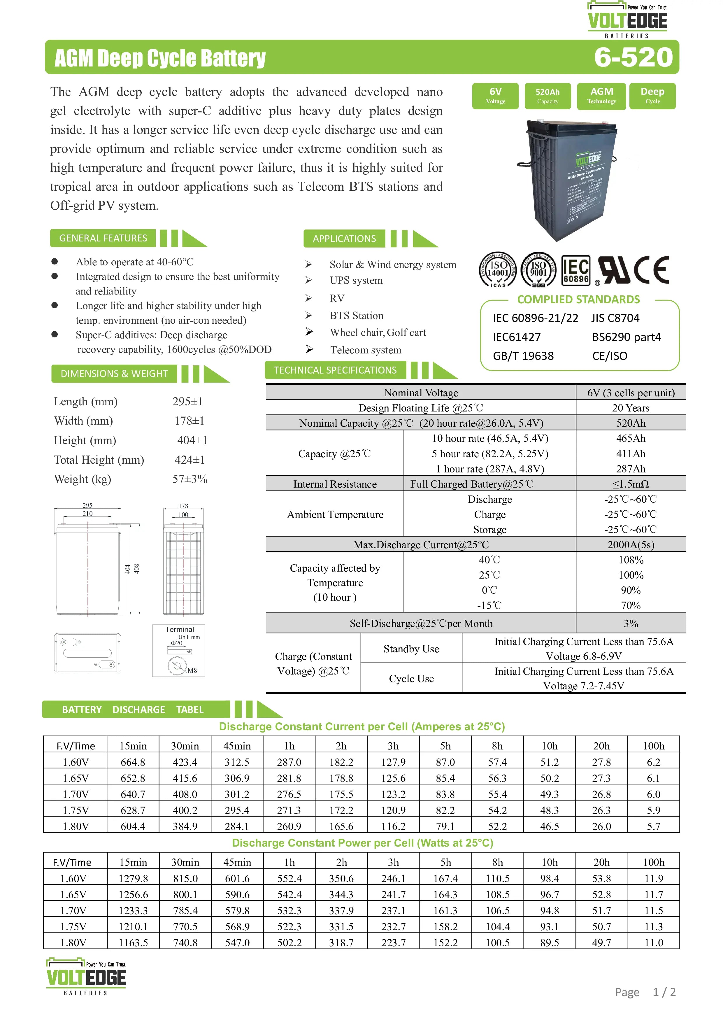 VoltEdge 6V 520Ah AGM DEEP CYCLE BATTERY